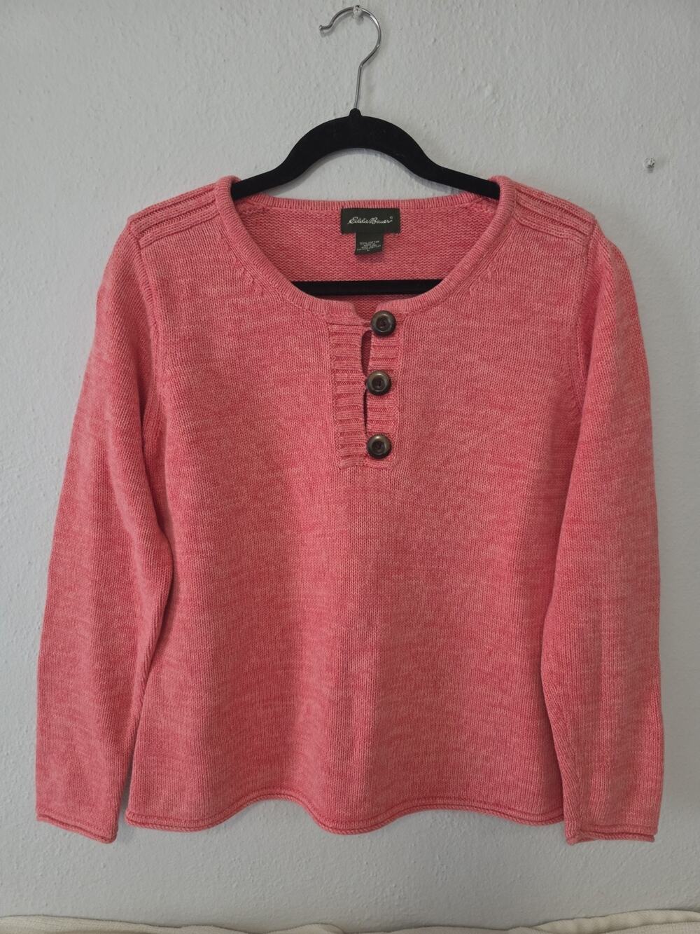 Eddie Bauer Womens Coral Pink 100% Cotton Knit Henley Sweater Long Sleeve Size L